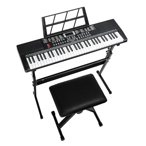 LEADZM Keyboard Piano 61 Tasten, Digital Piano mit Keyboardständer, Klavierbank, Notenständer, Kopfhörer, Mikrofon, LED-Bildschirm, 3 Lernmodi für Anfänger