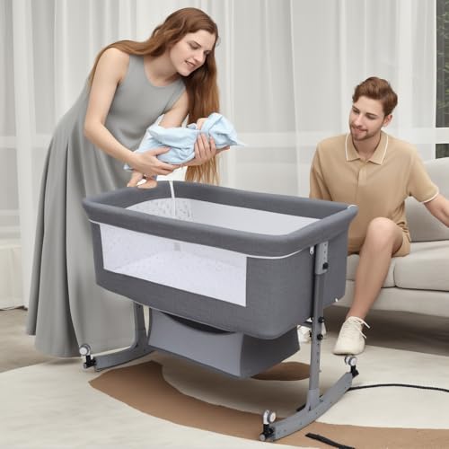 OSKOPWRC Baby Stubenwagen, höhenverstellbar, Nachttisch mit Schaukelfuß und Rollen, tragbare Babywiege mit Moskitonetz, Neugeborenenschläfer für Co-Sleeping Grau