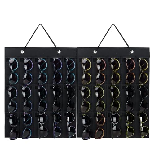 NEUSID Hängende Sonnenbrille Organizer, 2PCS Hängend Brillen Aufbewahrung mit 15 Fächer Staubdichter Filz Brillenaufbewahrung Wand Brille Aufbewahren Sonnenbrillenhalter für die Wand (Schwarz)