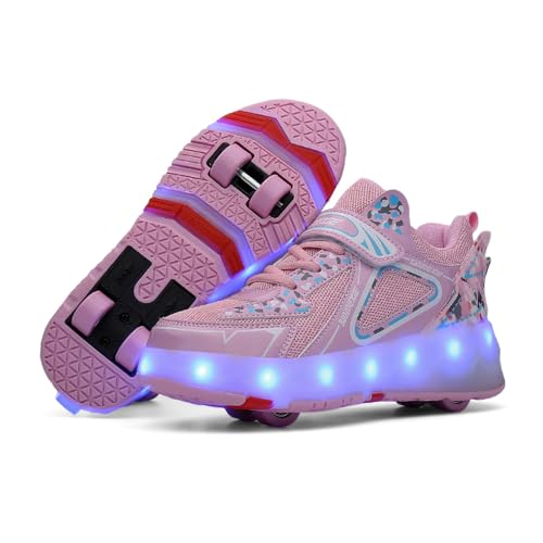 Mateju Schuhe mit Rollen für Jungen Mädchen, Kinder Rollschuhe Schuhe mit 4 Rollen, Turnschuhe Versenkbarer, Damen Herren Roller Schuhe Turnschuhe Skateboardschuhe 34 EU Rosa