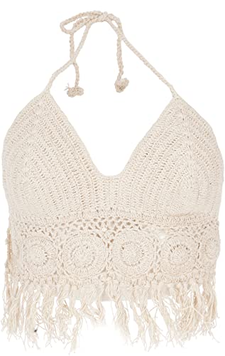 GURU SHOP Häkeltop, Bikinitop, Strandtop, Hippie Bra Flower Power, Damen, Naturweiß, Baumwolle, Size:36