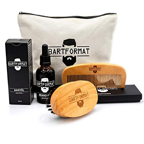 BARTFORMAT 4-teiliges Bartpflege-Set WEICHMACHER - inklusive Bart-Öl (50ml) + Bart-Bürste + Bart-Kamm + Kulturbeutel - Hochwertiges Set für die tägliche Bartpflege - Geschenk für Männer