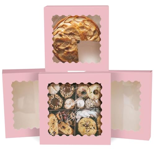 Gcardist Auto-pop Up Rosa Kuchenboxen mit Fenster 25.4x25.4x6.3cm 12 Stück Keks-Donut-Bäckerei-Box(10x10x2.5 inch)