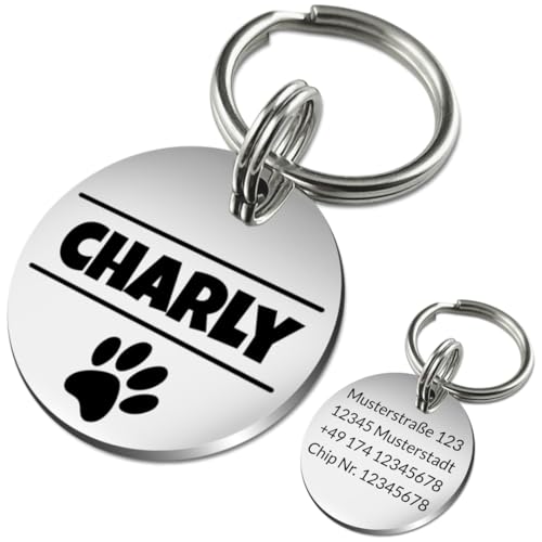 Edelstahl Hundemarke mit Gravur - ⌀25mm oder 30mm - Personalisiert mit Name, Motiv und Text - Runder Anhänger für Halsband als Tiermarke für Hunde und Katzen