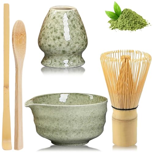 5 Stück Matcha Tee set, Matcha Set, Matcha-Rührer, Matcha Schneebesen, Matcha Schale aus Keramik, Matcha-Schüssel mit Ausgießer, Matcha-Rührer-Ständer und Bambuslöffel, Matcha zubehör Geschenkset