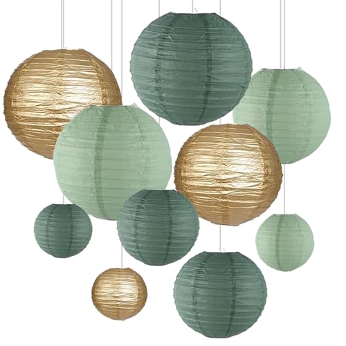 ZYOOO 10 Stück Grün Gold Papierlaterne Lampion rund Lampenschirm(Set 3 Farben à 25cm, 20cm，15cm) Salbeigrün Lampions Hochzeit,Rustikale Party,Brautparty,Geburtstagsparty,Gartenparty Deko
