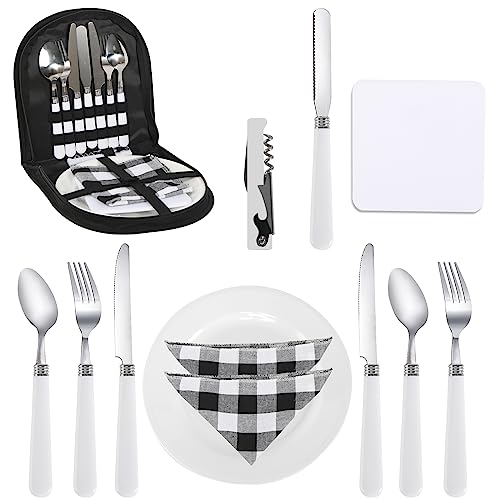 Camping Besteck Set, 13 Teiliges Camping Geschirr Set 2 Personen Portable Camping Besteck Set, Edelstahl Gabeln Löffel Messer Flaschenöffner Teller für Outdoor Kochgeschirr Reisen Camping