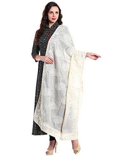 DUPATTA BAZAAR Kota Doria Dupatta aus bestickter elfenbeinfarbener Baumwolle für Damen (Elfenbein, freie Größe)