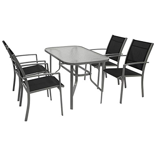 DEGAMO Gartengarnitur Pino 5-teilig, 4X Stapelsessel mit Stahlgestell und Kunstgewebebespannung 2 * 1 schwarz, 1x Tisch 70x120cm mit Stahlgestell und Glasplatte