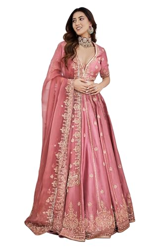 TRENDMALLS Satin-Stickerei-Sequenzarbeit Lehenga Choli Unstitch Bluse mit Dupatta für Frauen (L257-DarkPeach-FreeSize)