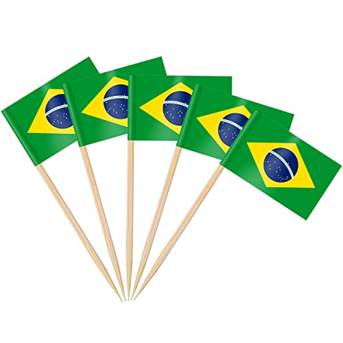 AhfuLife 100/200 Stück Cocktail Stick Flaggen, Zahnstocher Flagge für Sandwich Lebensmittel Cupcake Toppers Cocktail Obst Geschirr Party Supplies Pub Decor (100 Stück, Brasilien Zahnstocher Flagge)