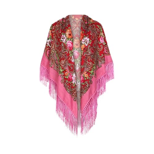Caxndycing Halstuch mit Traditionellem Ukrainischem Polnischem Russischem Blumenmuster und Fransen Elegante Halstuch Schal Lady Quaste Blumendruck Baumwolle Kopftuch Wraps