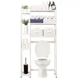 Yorbay Toilettenregal mit 2 Körben, Bambus WC Regal, 3-stöckiges Verstellbar Badregal mit Wasserdichtes Fußpolster, Multifunktional Badezimmerregal,Platzsparend,Einfache Montage (Weiß)