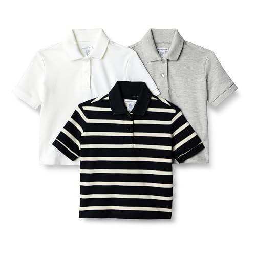 Amazon Essentials Baby Mädchen Poloshirt aus Baumwoll-Stretch, 3er-Pack, Hellgrau Meliert/Streifen/Weiß, 0-3 Monate