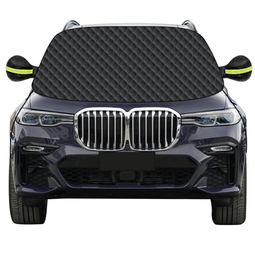 Mengine Frontscheibenabdeckung, Auto Windschutzscheibe Abdeckung mit 9 Versteckten Magneten,Haken und Seitenflügel Spiegel,Eisschutzfolien Frost Guard Fit für Autos und SUVs (Schwarz, 157 * 126cm)