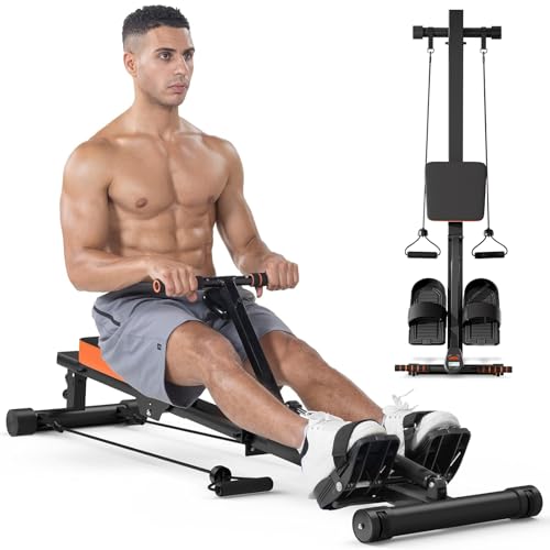 Dskeuzeew Rudergerät für zuhause Klappbar Hydraulisches Fitness-Rudergeräte mit 12-stufiger Widerstandsstufen, Trainingsgerät für das Ganzkörpertraining 120kg Gewichtskapazitä