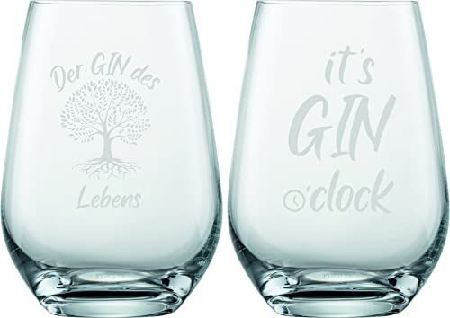 EKM Living Schott Zwiesel 2er Set Ginglas 548ml mit Gravur Gin des Lebens & Gin o' clock – lustige Geschenkidee für Ginliebhaber, Frauen, Männer, Freunde im Geschenkkarton (ohne Stiel, Set 2)