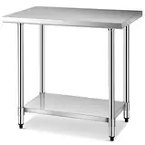 COSTWAY Edelstahl Küchentisch mit höhenverstellbarem Ablage, Arbeitstisch Gastro Tisch Edelstahltisch Zubereitungstisch mit Zwischenbord (92x61x90cm)
