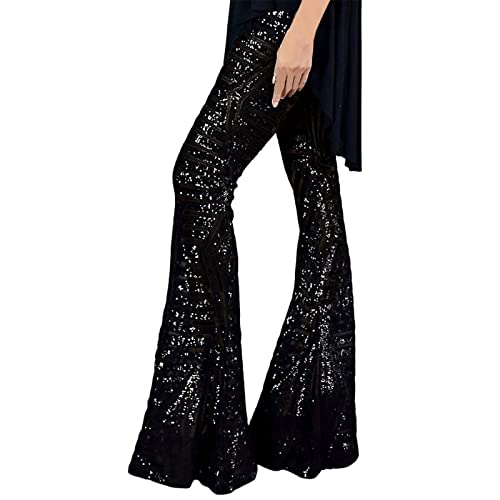 Glitzer Strumpfhose Damen Festival Pailletten High Waist Bootcut Hose Mit Mode Glänzend Hight Taille Discotanz Lang Hosen Party Strassenmode Weites Bein Elastisch Elegant Outdoorhose (Black, L)