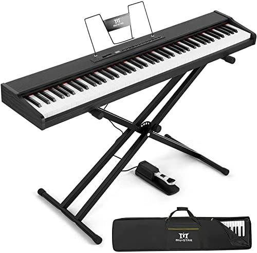 MUSTAR E Piano Digital 88 Tasten, Keyboard mit halbgewichteten & Bluetooth, Portable Set mit Sustain Pedal, Keyboardständer und Tragetasche, Schwarz