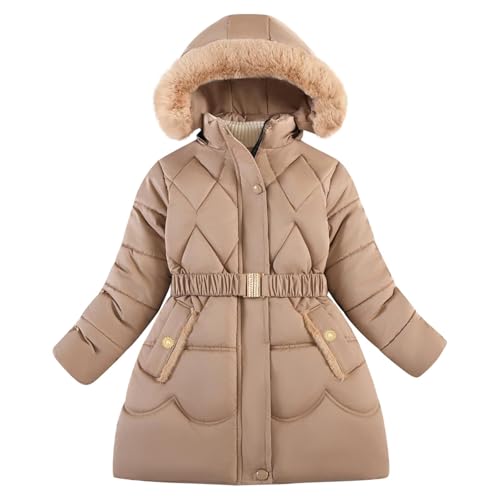 Generisch Winterjacke Mädchen Daunenjacke mit Kapuze Kinder Wintermantel Einfarbig Kapuzenjacke Warme Daunenmantel Winddichte Steppjacke Reißverschluss Tasche Mode Winter Khaki 8-10 Jahre