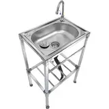 Outdoor Spüle | Edelstahl Spültisch mit Wasserhahn | Spülbecken mit Entwässerungszubehör Ausgussbecken Freistehende Edelstahlspüle Mobile Waschtisch Gewerbliche für Waschküche/Garage/Hinterhof