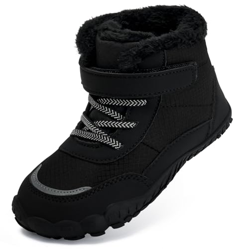 Kinder Winter Barfußschuhe Jungen Mädchen Winterschuhe Warme Gefüttert Barfussschuhe Winterstiefel Wanderschuhe Leicht Rutschfest(Schwarz, 29EU)