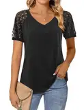 Florboom Spitze Top Damen V-Ausschnitt Kurzarm Elegant Oberteile T-Shirt, Schwarz XXL