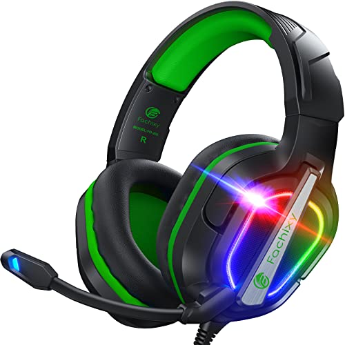 Fachixy「2024 New」FC200 Gaming Headset für PS4/PS5/PC/Xbox/Nintendo Switch, PS4 Kopfhörer mit Kabel und RGB Licht, Stereo Surround Kopfhörer mit Mikrofon, Noise Cancelling Gamer Headphones - GRÜN