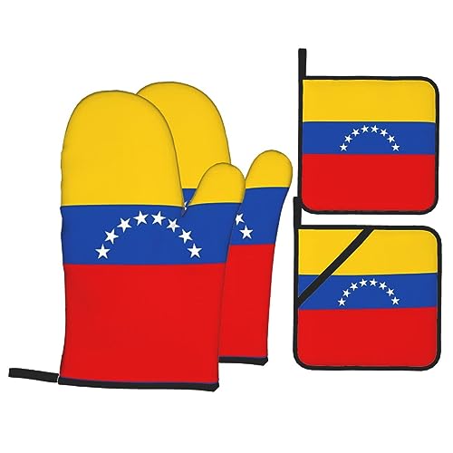 WBQLSL Ofenhandschuhe und Topflappen, Küche Backen 4-teiliges Set zum Kochen, Mikrowelle, Backen, Grillen, Flagge von Venezuela Prints