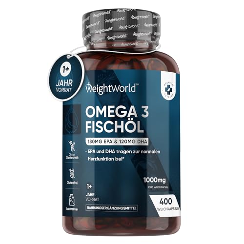 Omega 3-400 Kapseln 1+ Jahr Vorrat - 1000mg Fischöl pro Tag - Essentielle Omega 3 Fettsäuren mit EPA & DHA - Für Herz, Gehirn & Blutdruck (EFSA) - Natürliches Fisch Öl aus Sardellen - WeightWorld