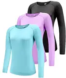 Damen 3er Pack Langarmshirt T-Shirts,UPF 50+ Sonnenschutz Schnelltrocknend Funktionsshirt Laufshirts,Atmungsaktiv Langarm Sportshirt Gym Yoga Top Black/Purple/Light Blue 3P06-2XL