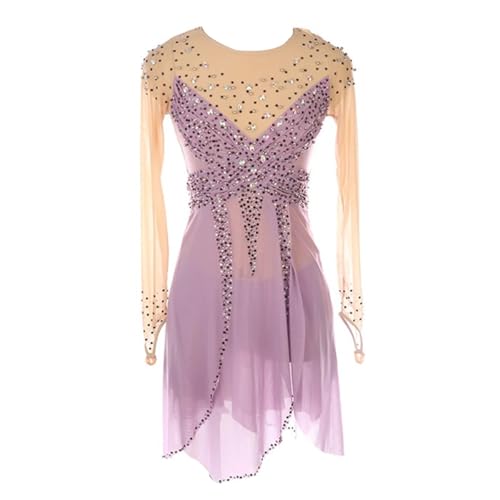 Yaaxinb Eiskunstlauf Kleid Mädchen Kürkleid Langarm Mesh Patchwork Ballettanzug Eiskunstlauf Zubehör Gymnastik Rollkunstlaufkleid Leotard Tanzanzug Wettbewerb Tanzkostüm,Lila,L