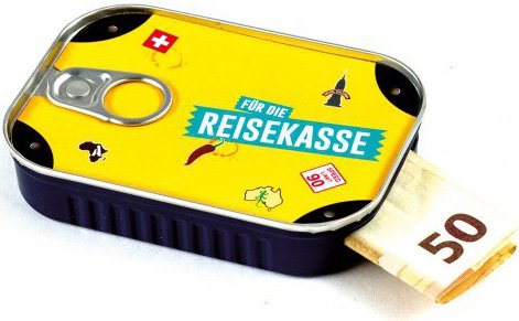 Geldgeschenke Verpackung Sardinendose "REISEKASSE" Geld Geschenkverpackung für Reise, Umzug, Geburtstag oder als Geldgutschein | inkl Aufkleber für individuelle Botschaft | made by Scherzboutique