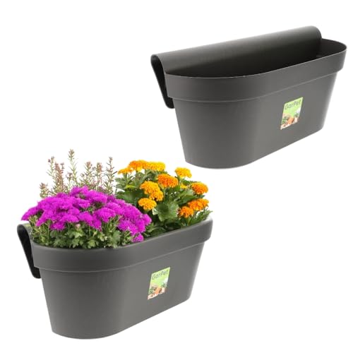 2X Geländerkasten Balkon mit Wasserspeicher Blumentopf Zaun Blumenkasten Geländer Balkontopf Balkonkasten Anthrazit 49 x 21 x 23 (H) cm Außenbereich