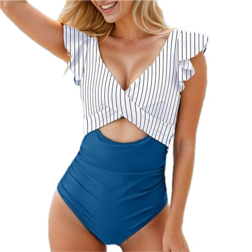 Summerdate Damen Einteiler Schwimsuit mit Bauchkontrolle Rüschenärmeln, Badeanzug Monokini gekreuztem Frontdesign mittigem Cut-Out für Sexy Bademode