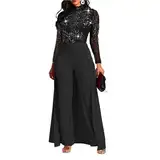VERWIN Damen-Overall, Patchwork-Overlay, Pailletten, verziert, hohe Taille, Langarm, Schwarz, XX-Large
