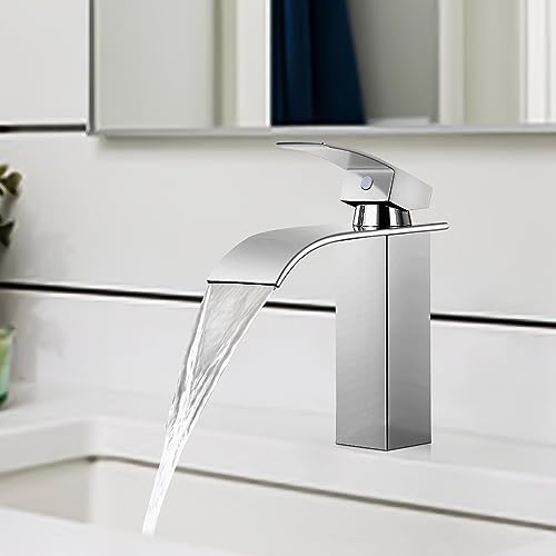 AKLFGN Wasserfall Wasserhahn Bad, Wasserfall Edelstahl Waschtischarmatur mit Auslauf Höhe 111 mm, Mischbatterie Waschbecken für Heißes und kaltes Wasser，Modern(Chrom)