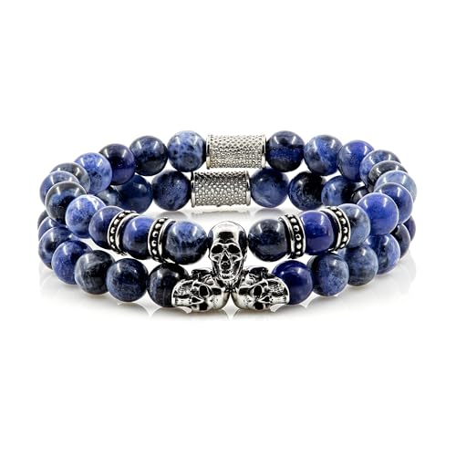 Sodalith Armband Bracelet Perlenarmband Perlen Blau 8mm Memento Mori Edition Silver Skull Stack Damen Herren Doppelarmband Edelstahl