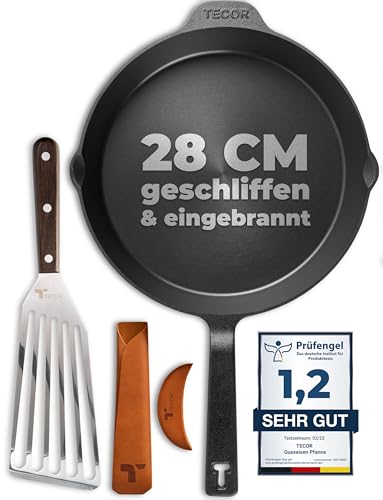 TECOR Gusseisenpfanne Induktion 28 cm geschliffen, universell, natürlich - Langlebige Pfanne Gusseisen induktion - Antihaft Gusspfanne induktion 28 cm einfach top Qualität - Cast iron pan induction