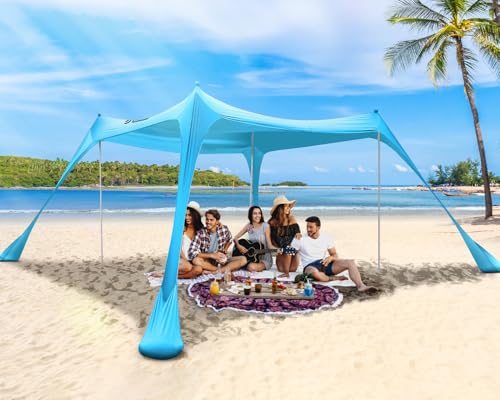 Sonnensegel Strand Strandzelt Sonnenschutz UPF50+, 3m X 3m X 2m Strand Sonnenschutz Mit 4 Alustangen 4 SandsäCken Und 4 Ground Anchor, Sonnendach Strandpavillon Leicht Für Picknick Reise