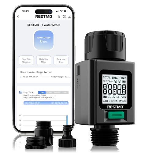 RESTMO Intelligenter Wasserzähler mit Bildschirmbeleuchtung, Messung Gallone/Liter Verbrauch & Durchflussrate, ideal für Gartenbewässerung Sprinkler & Gartenbrause - APP Control Connection