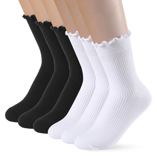 PRAOAHEI 6 Paar Socken mit Rüschen Damen Crew Mittelhoch Premium-Baumwolle Stricken Gestrickt Weiche Atmungsaktive Niedlich Geschenk für Frauen Mädchen Liebhaber Geliebte, Schwarz+Weiß