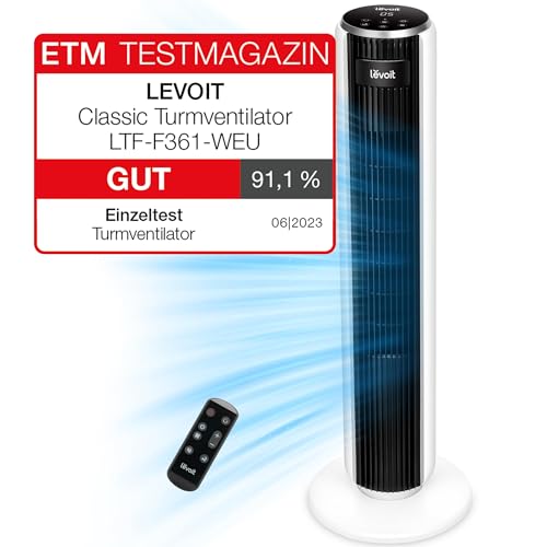 Levoit 28dB leiser Turmventilator mit Fortschrittlichem Schlafmodus,7m/s Ventilator mit Fernbedienung, 90° Oszillation Tower Fan, 4 Modi 5 Geschwindigkeiten, 12-Std-Timer, LED-Anzeige, Weiß