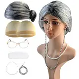 6 Stück Oma Großmutter Perücke Kostüm Set Perücke Kappe Brille Brillen Ketten Perlenkette Zubehör für Cosplay Karneval Halloween Damen Fasching + Brillenetui