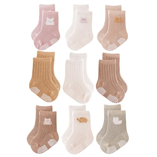 J Poqobog Rutschfeste Socken für Baby Mädchen Jungen 9 Paar Kinder Anti Rutsch abs Socken Sportsocken Stoppersocken (3-12 Monate,Mädchen-9P)