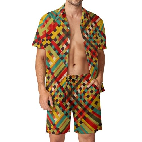 Anceky Muster Geometrischer Hintergrund Hawaiian Outfits Sommer Trainingsanzug Button-Down-Shirts Shorts Sets für Männer