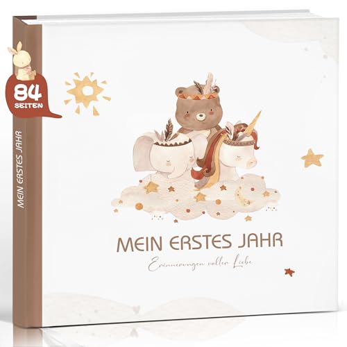 Mein erstes Jahr Babyalbum, Hochwertig Babytagebuch boho Baby Erinnerungsbuch für das erste Lebensjahr, Fotobuch Babygeschenk sinnvolle Geschenke für Geburt Mädchen &Junge & werdende Mütter Hardcover