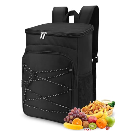 Isolierter Rucksack aus Oxford-Stoff, Kühlrucksack aus Oxford-Stoff mit Seitentaschen für Camping, Schwarze Brustschnallengurte mit Großem Fassungsvermögen, 29 X 19 X 42 cm