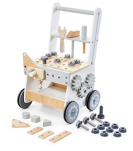 Mamabrum Lauflernwagen aus Holz mit Gummibereifung, Lauflernhilfe-Laufwagen für Kinder, Baby Walker, Babyspielzeug, Holzspielzeug, Sortierer, Werkzeugbank für Kinder aus Holz